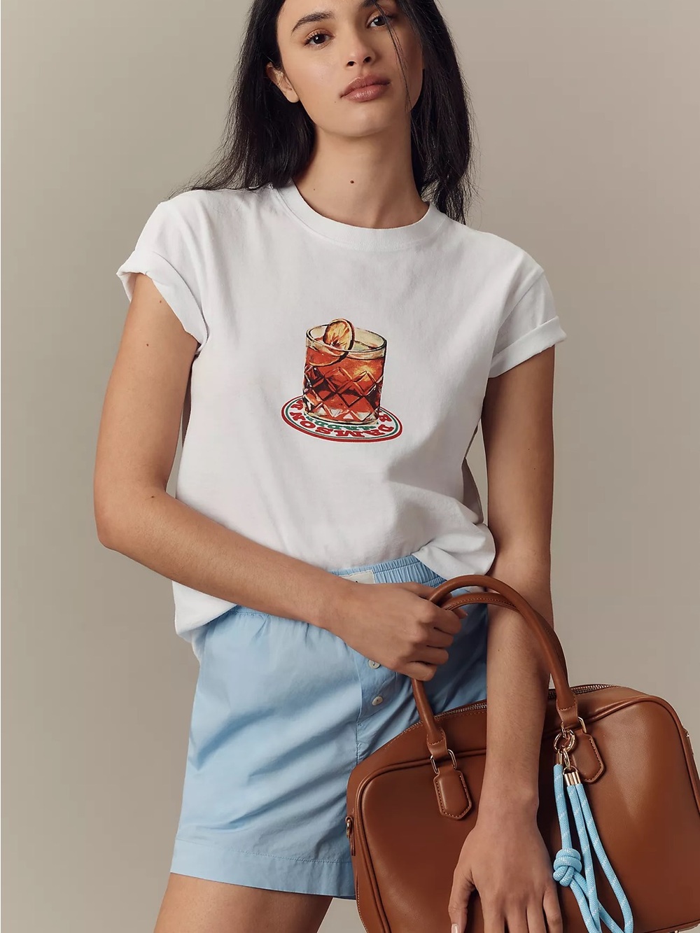White Short Sleeve Graphic Tee with Cocktail Motif